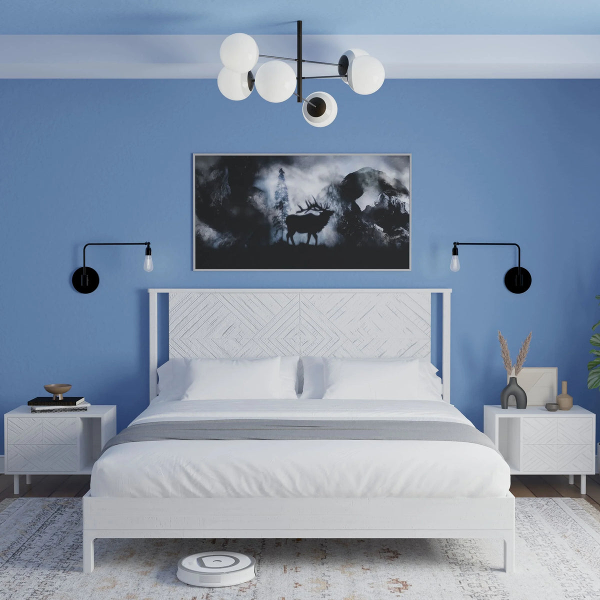 Queen Platform Bed Frame with Headboard Solid Wood Black I1741
