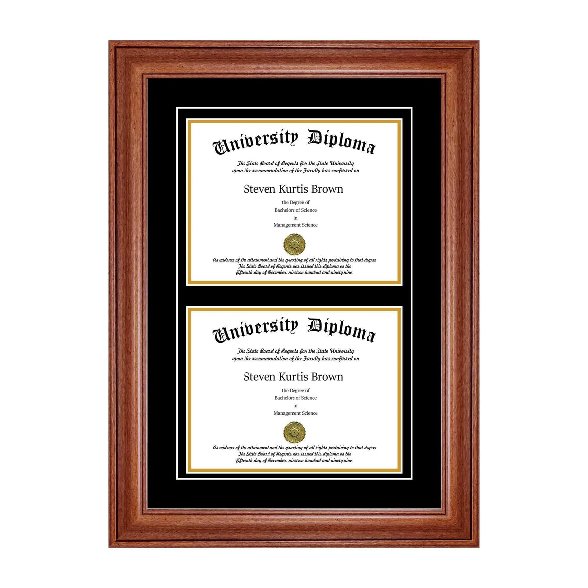 Double Diploma Frame with Double Matting for 8.5x22 x 11x22 Tall Diploma with Walnut Frame U738104