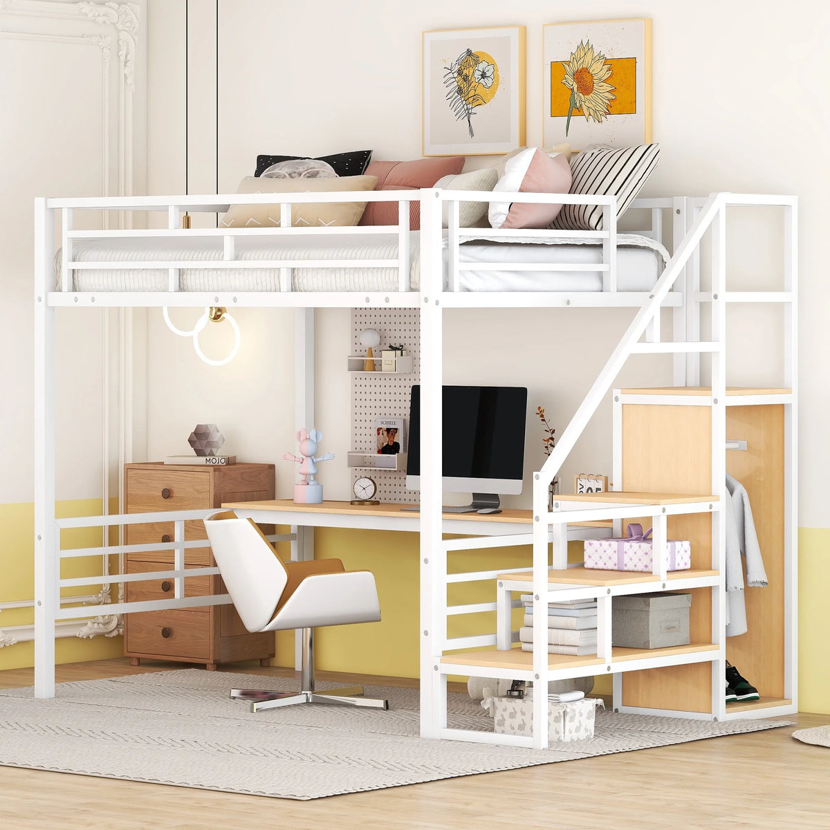 White Full Size Metal Loft Bed with Desk and Storage Staircase Q861