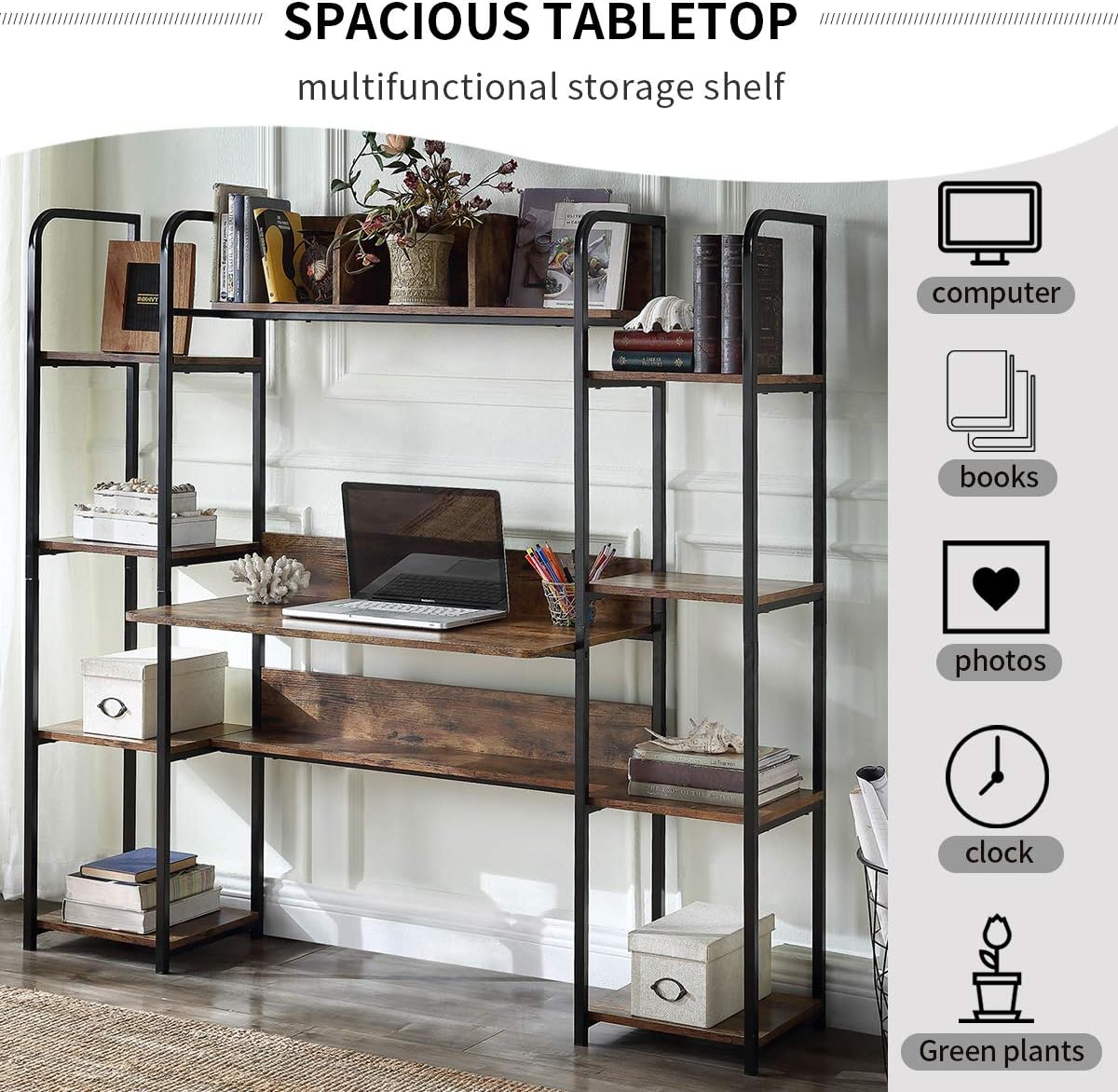Brown Home Office Hutch and Double Bookcase Desk B3374