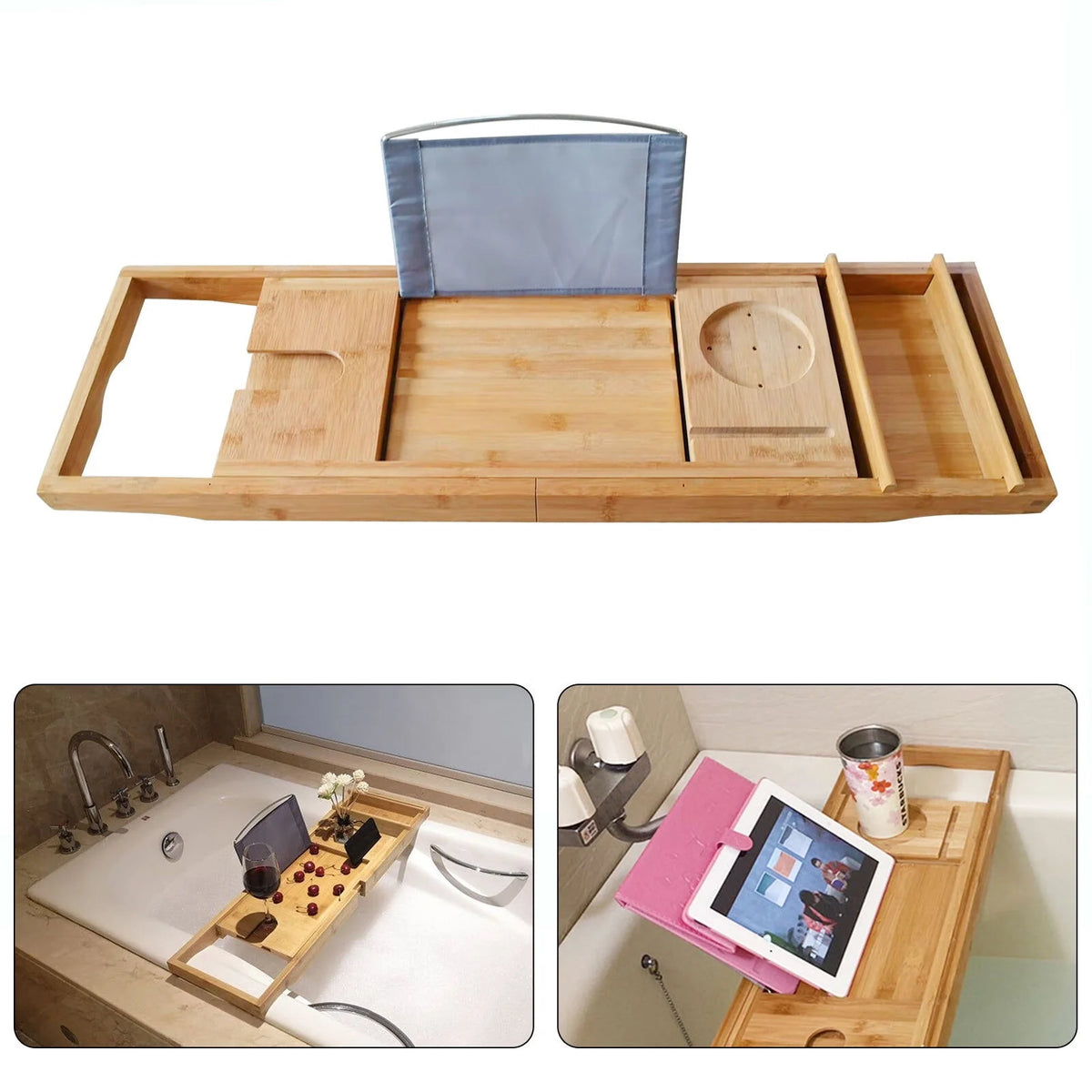 Expandable Bamboo Bathtub Caddy Tray with Wine Glass Holder J283