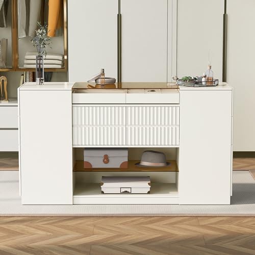 White Glass Top 6 Drawer Wooden Wardrobe Armoire K6515