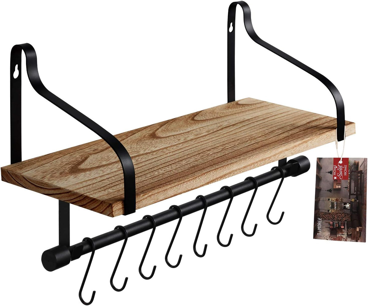 Rustic Wood Shelf with 8 Hooks O39351