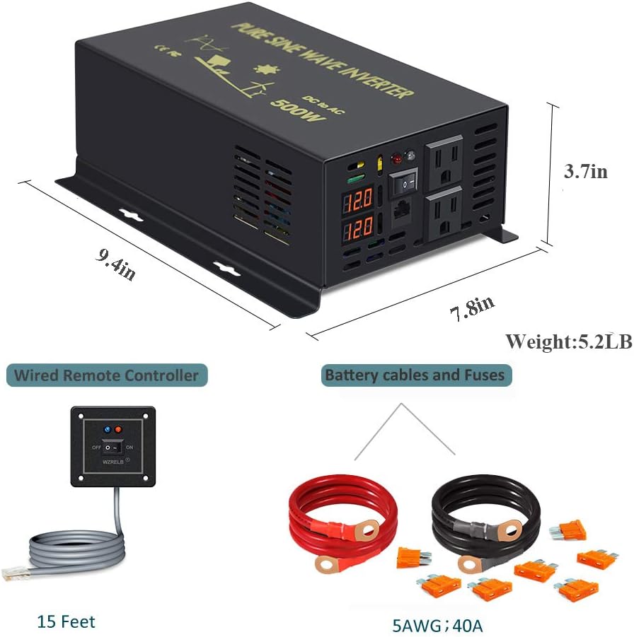 500W Pure Sine Wave Power Inverter DC 12V to 110V AC with Remote Controller M30446