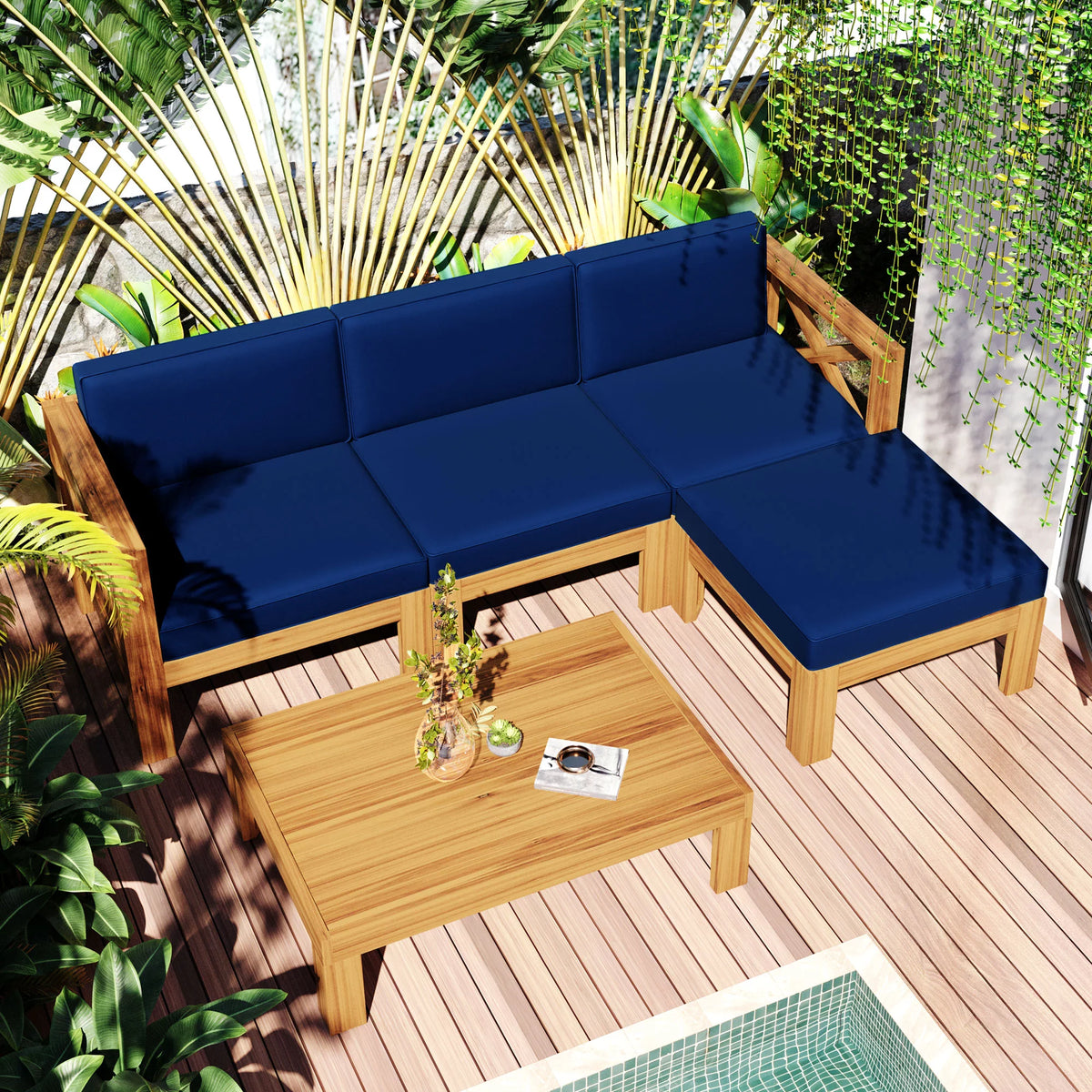 Wood 5-Piece Sectional Sofa Set with Cushions I3469