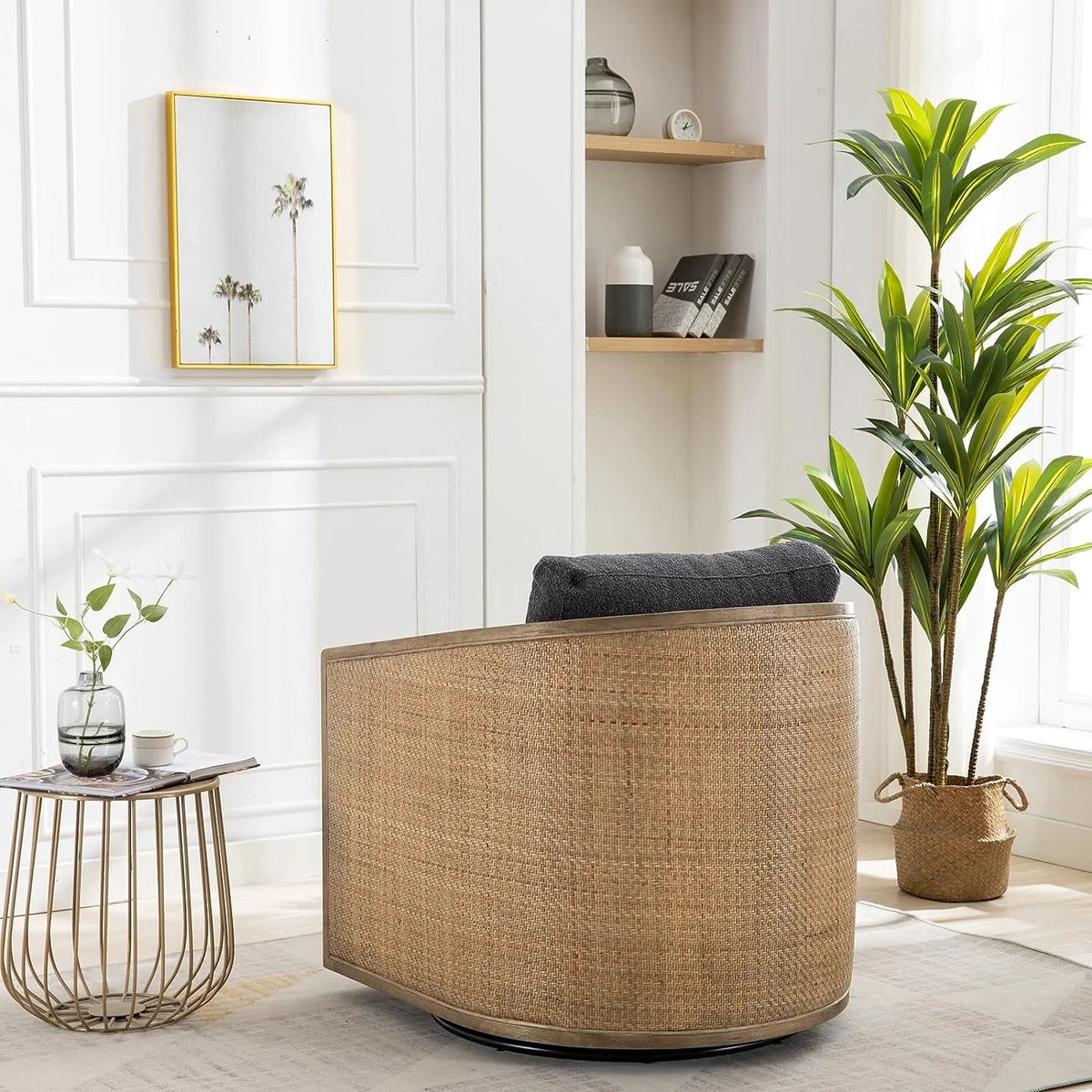 Carbon Black Rattan Swivel Barrel Chair with Arms Q6339