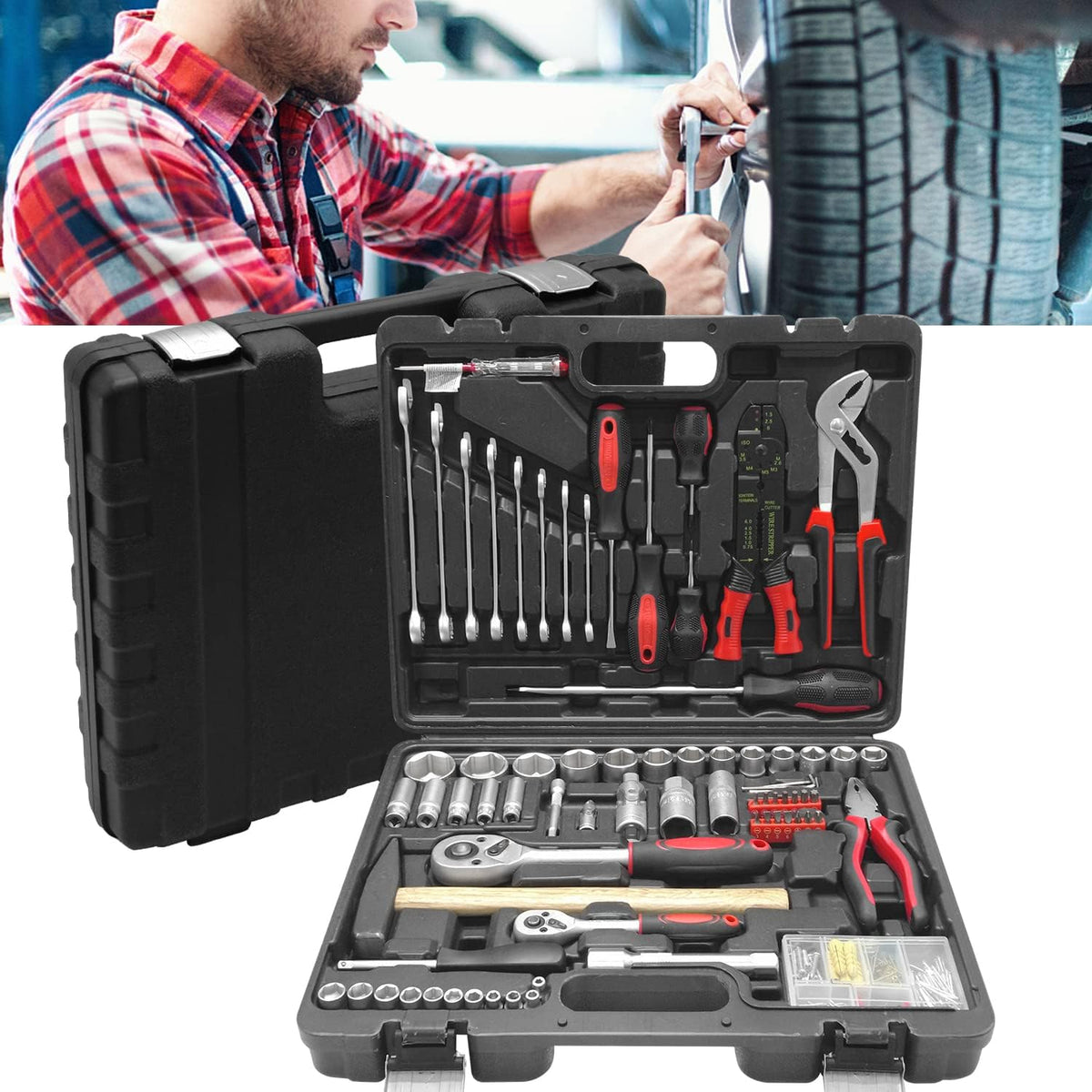Mechanic Tool Kit, 99-Piece with Tool Box Organizer Storage Case P471