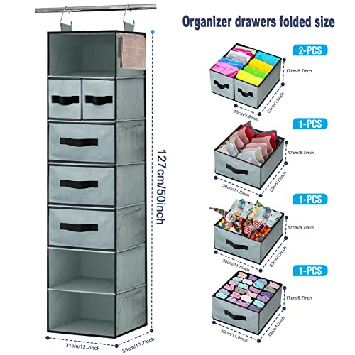 Gray 7-Shelves Hanging Closet Organizer with 5 Drawers and 8 Mesh Pockets F66418