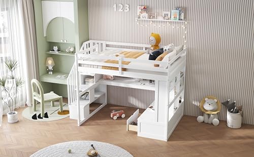 White Full Size Loft Bed with L-Shaped Desk, Wardrobe and Storage Shelves P1178