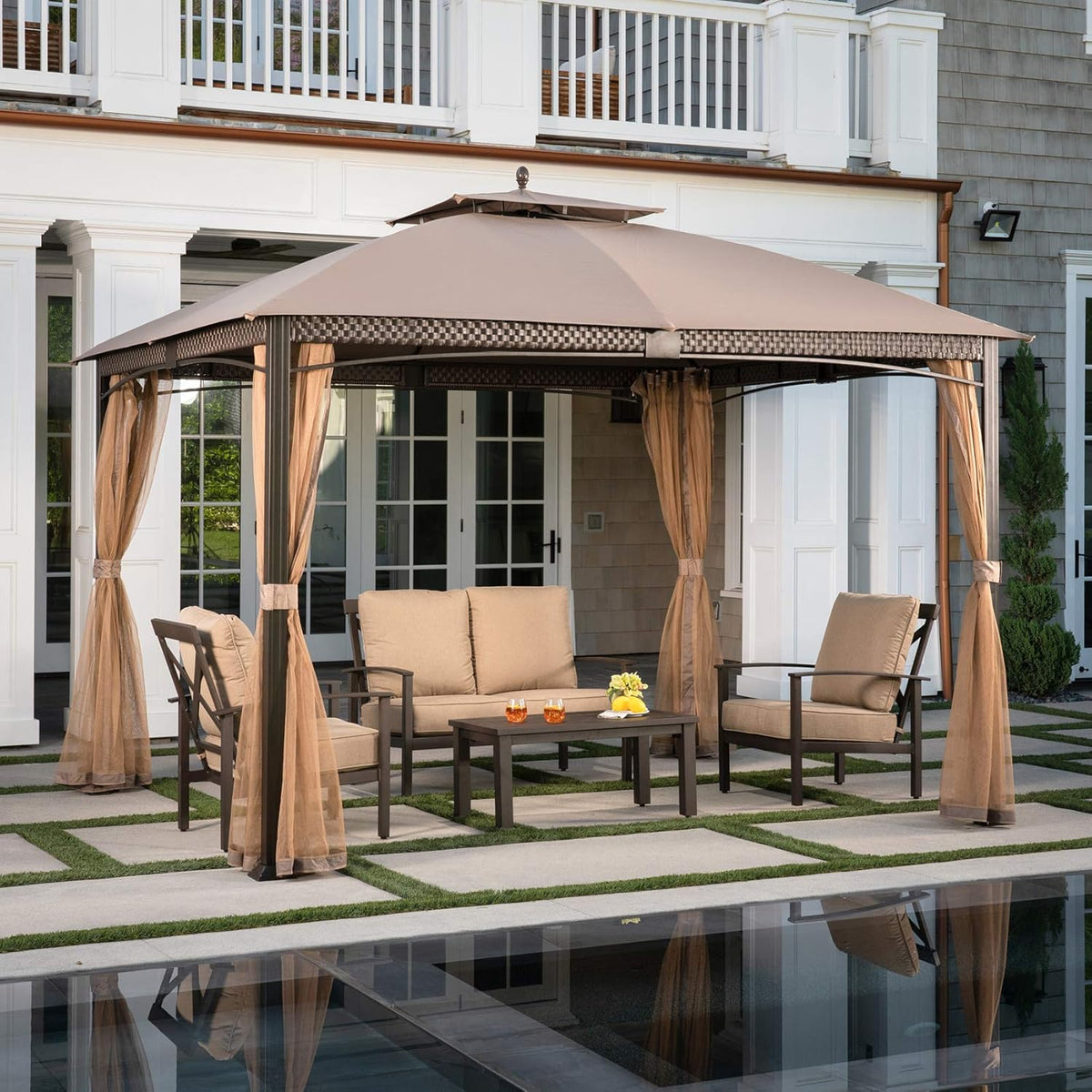 Tan Aluminum and Steel Gazebo with Mosquito Netting Q22118