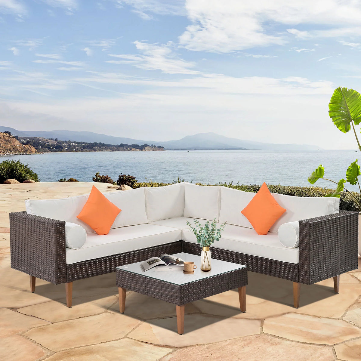 Beige Cushions Brown Rattan L-Shape Outdoor Wicker Sofa Set S68142