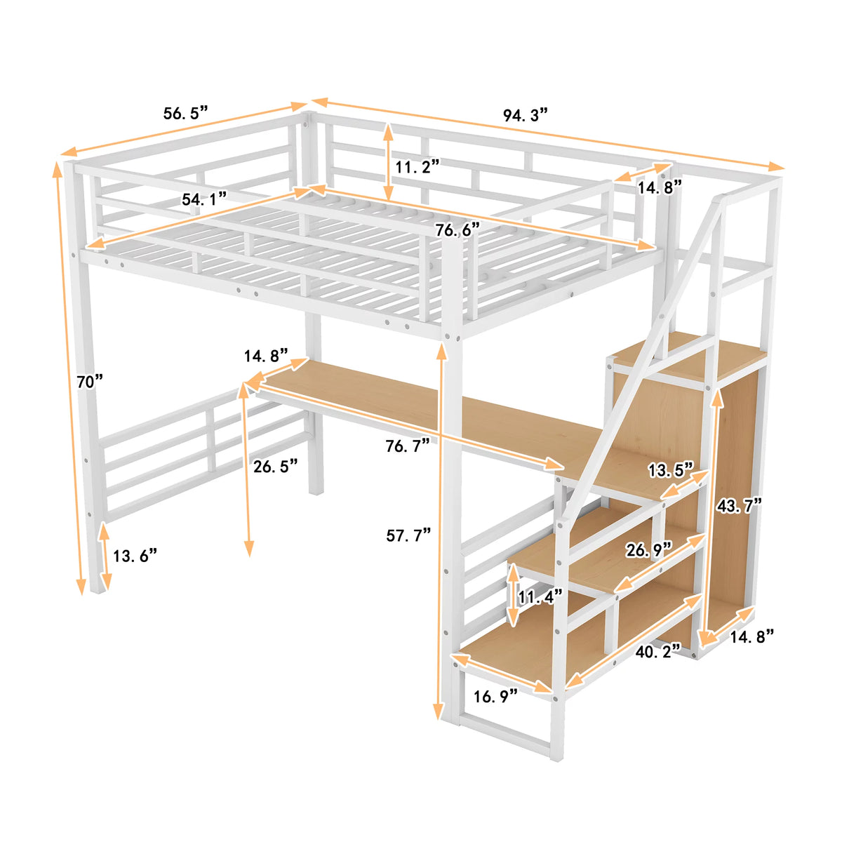 White Full Size Metal Loft Bed with Desk and Storage Staircase Q861
