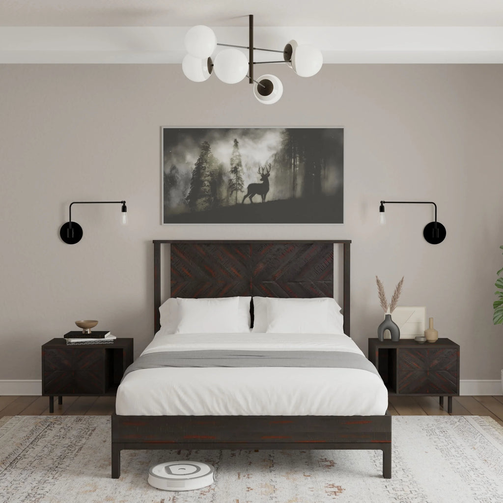 Queen Platform Bed Frame with Headboard Solid Wood Black I1741