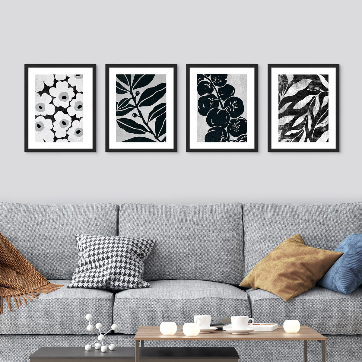 Black & White Floral Botanical Canvas Prints Set of 4 S960