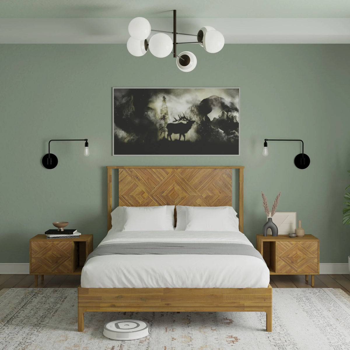 Queen Platform Bed Frame with Headboard Solid Wood Black I1741