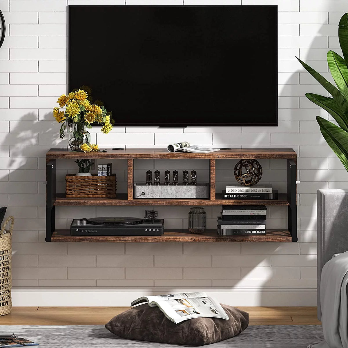 3 Tier Wall Mounted Media Console with Doors Storage E5357