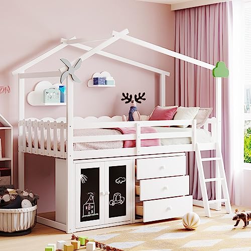 Grey Twin Size Wood Loft Bed with Storage Cabinet and 3 Drawers K170678