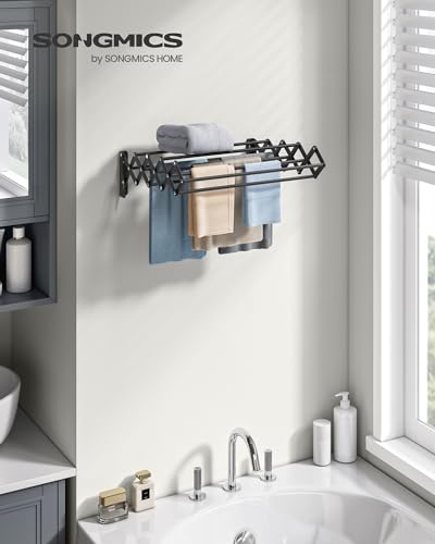 Wall-Mounted Accordion Clothes Drying Rack, 9 Staggered Hanging Rods, Steel E439