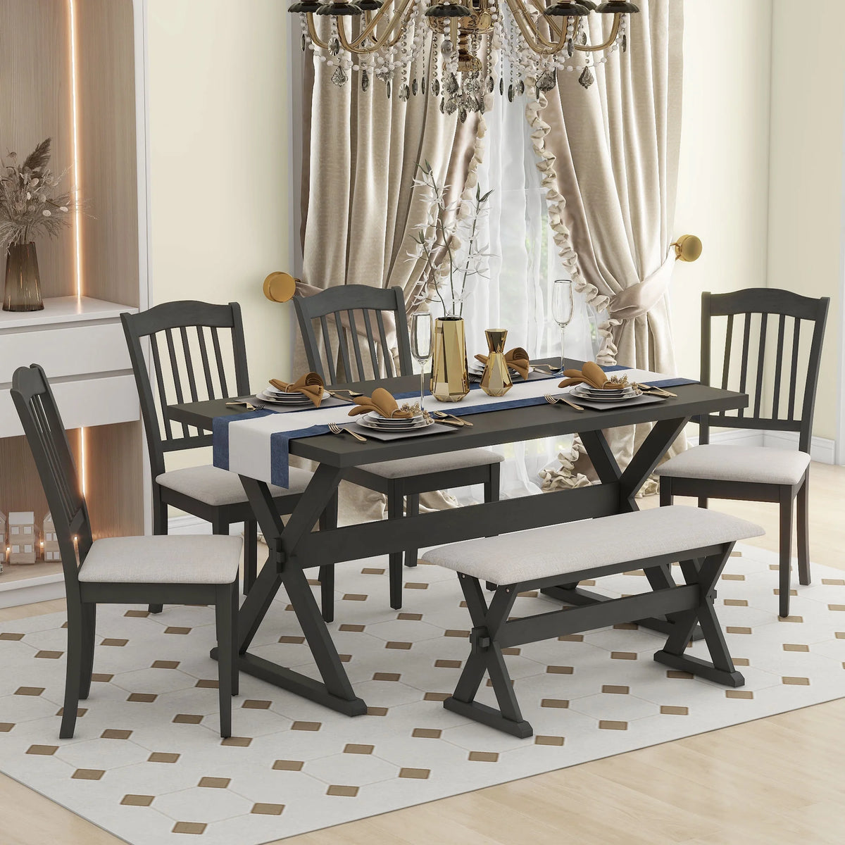 6 Piece Wood Dining Table Set with Bench and 4 Cushioned Chairs K6523