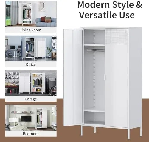 Metal Cabinet Locker with Hanging Rod and Adjustable Shelves White S6383