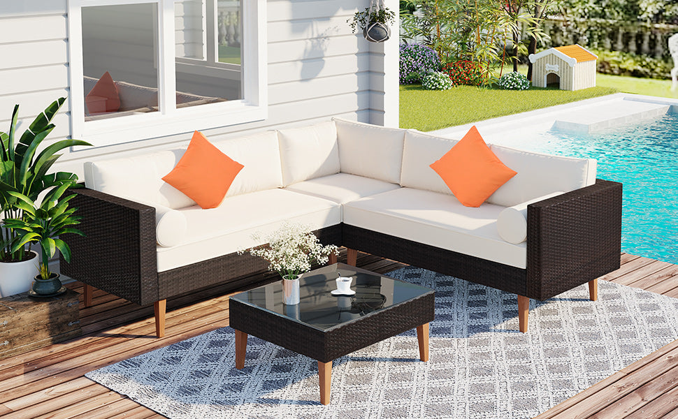 Beige Cushions Brown Rattan L-Shape Outdoor Wicker Sofa Set S68142