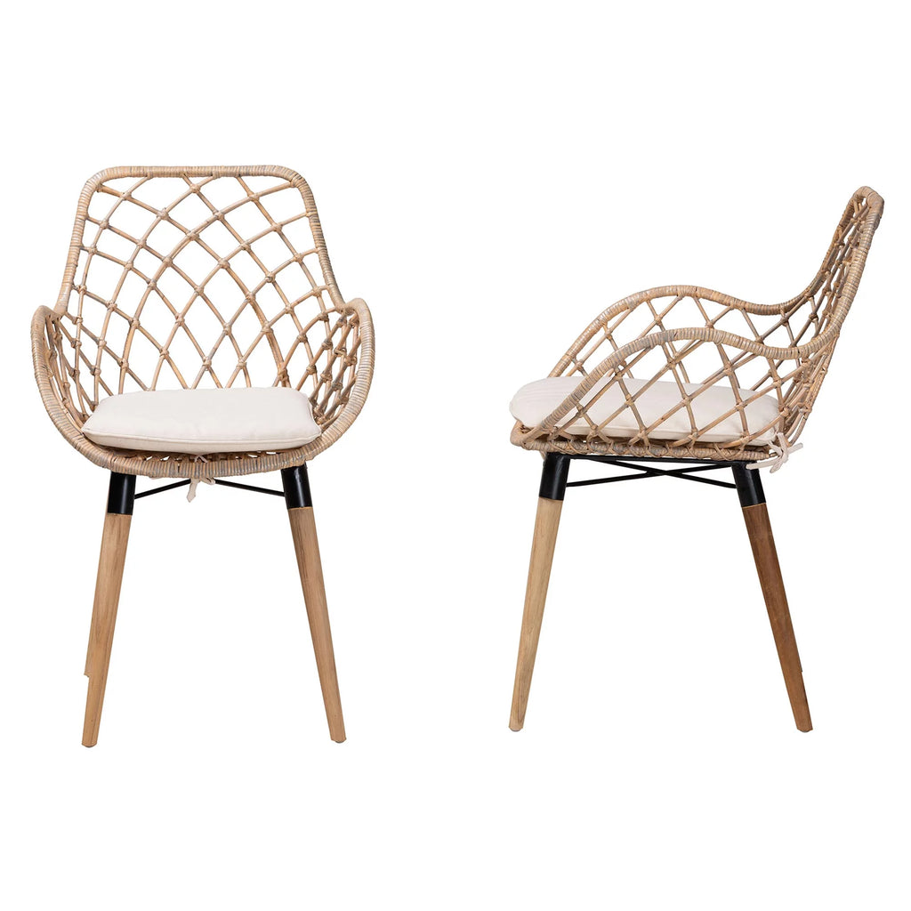 Natural Brown Teak Wood and Greywashed Rattan 2-Piece Dining Chair Set X490