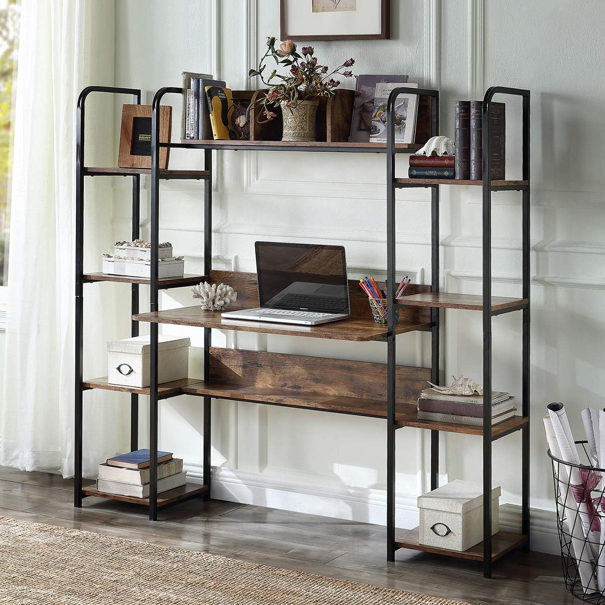 Brown Home Office Hutch and Double Bookcase Desk B3374
