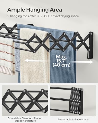 Wall-Mounted Accordion Clothes Drying Rack, 9 Staggered Hanging Rods, Steel E439