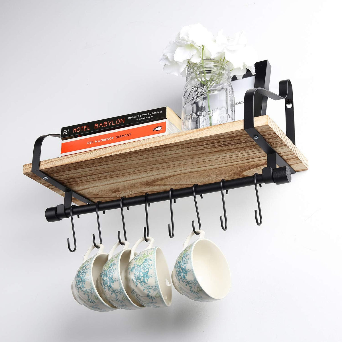 Rustic Wood Shelf with 8 Hooks O39351