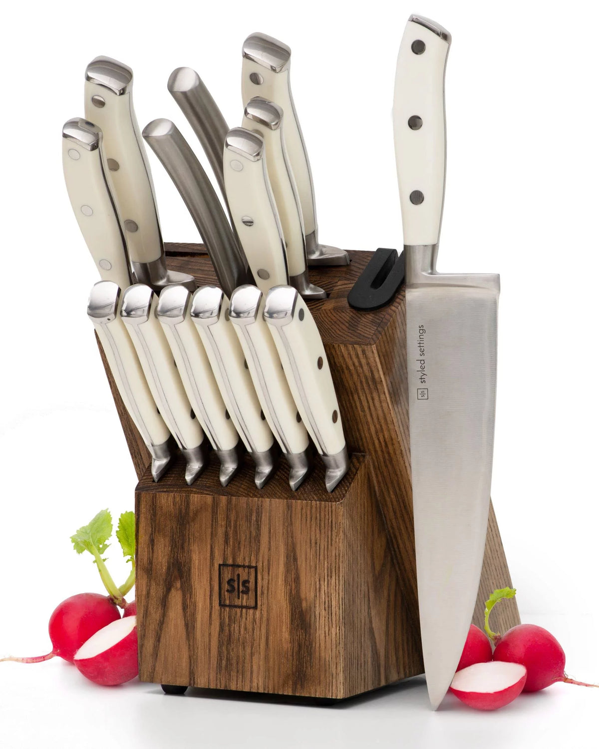 White Stainless Steel Knife Set with Walnut Block X324