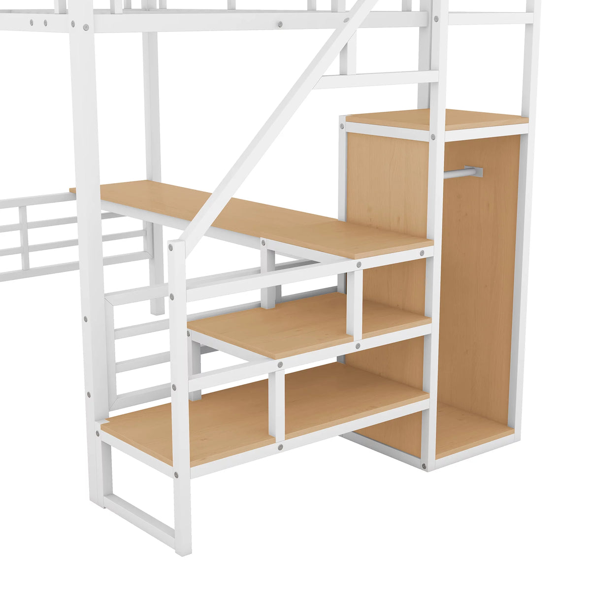White Full Size Metal Loft Bed with Desk and Storage Staircase Q861