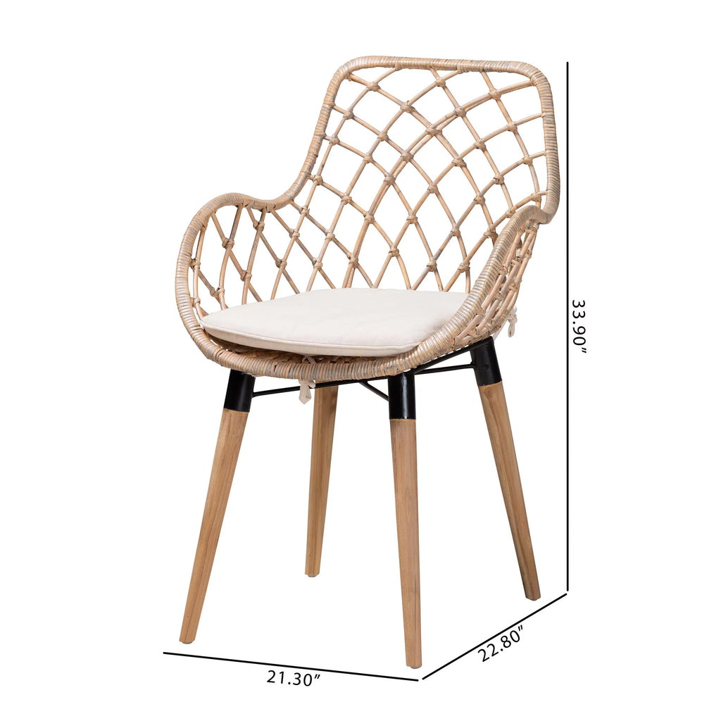 Natural Brown Teak Wood and Greywashed Rattan 2-Piece Dining Chair Set X490
