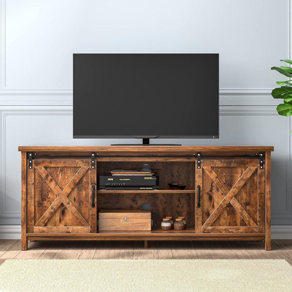 Farmhouse 65 Inch Wooden TV Stand with 2 Sliding Barn Doors D21987