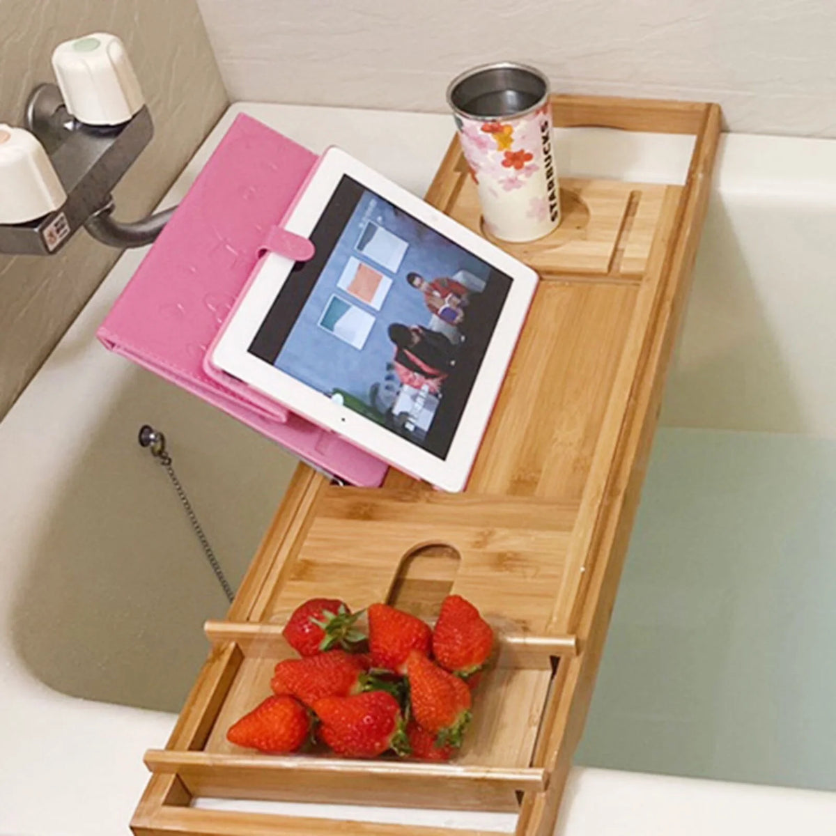 Expandable Bamboo Bathtub Caddy Tray with Wine Glass Holder J283