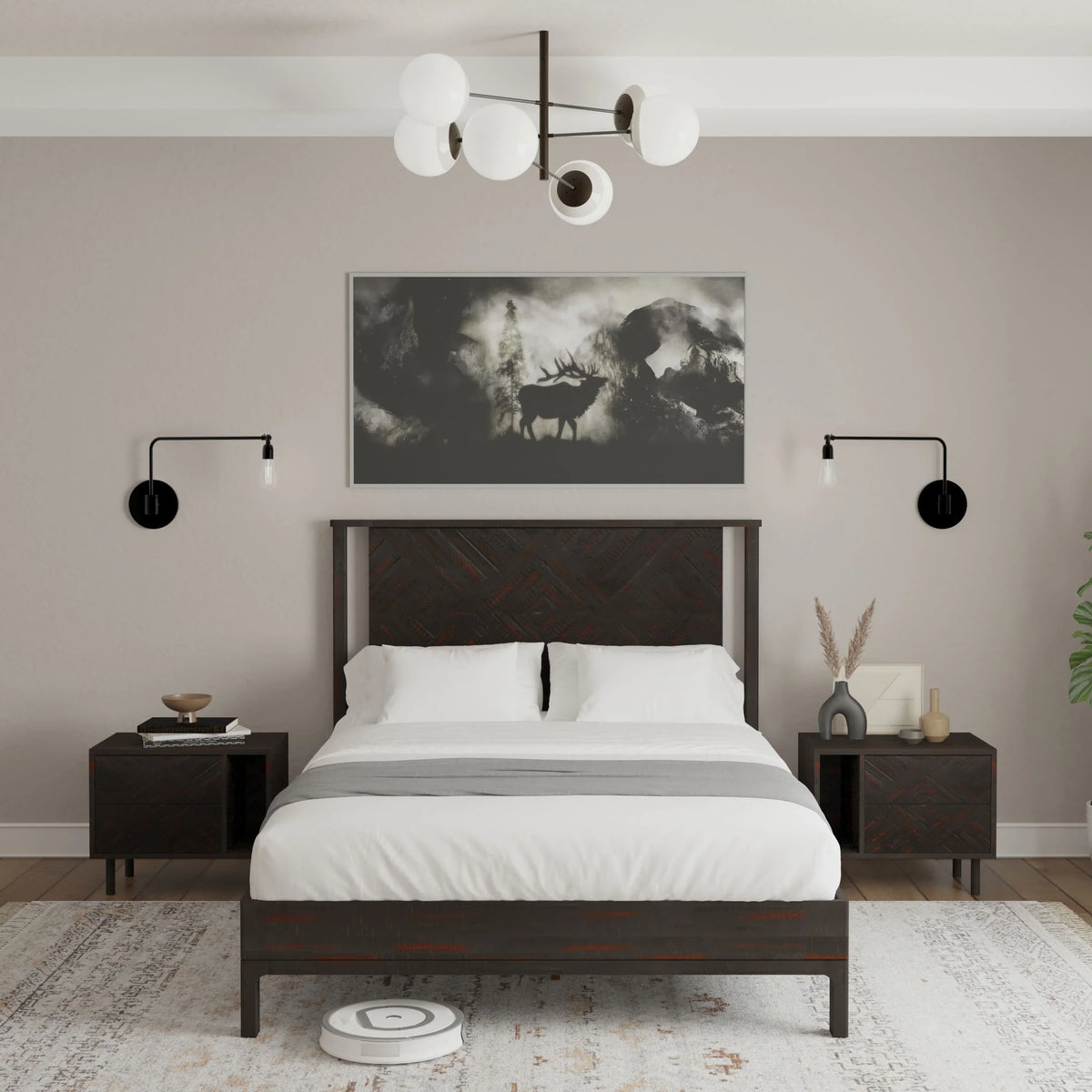 Queen Platform Bed Frame with Headboard Solid Wood Black I1741