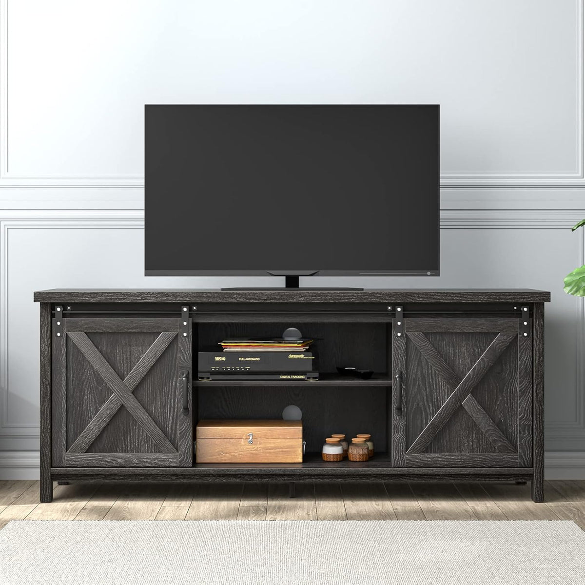 Farmhouse 65 Inch Wooden TV Stand with 2 Sliding Barn Doors D21987