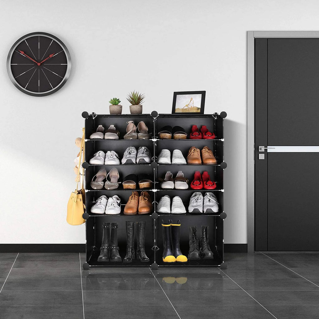 10 Cube Shoe Rack with Doors and Extra Hooks, Black and Clear Z13992