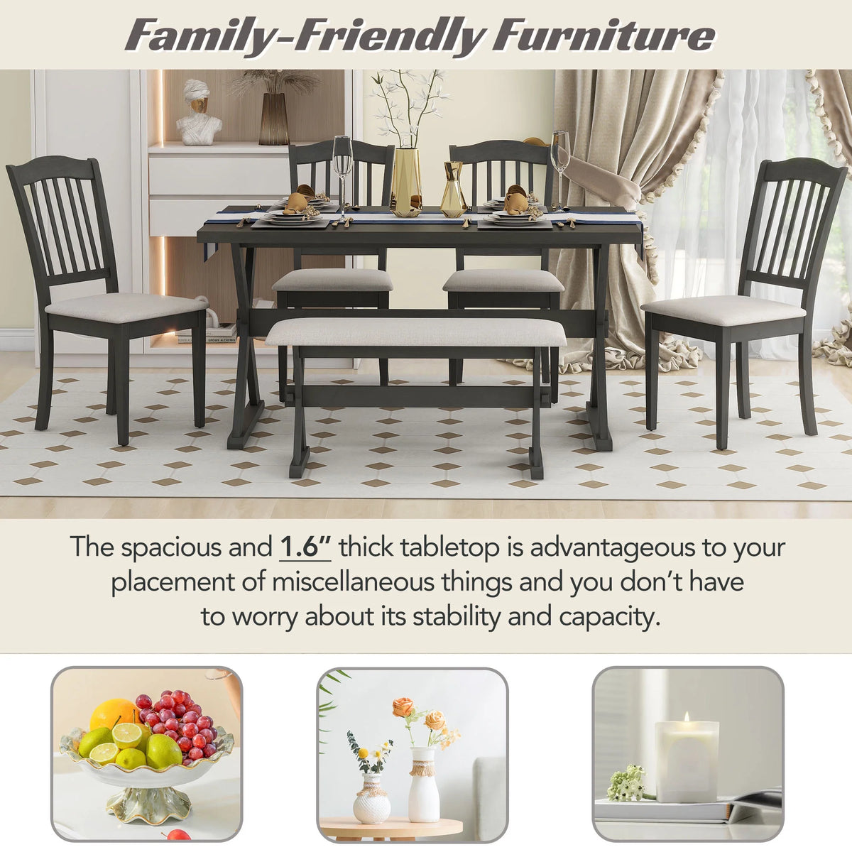 6 Piece Wood Dining Table Set with Bench and 4 Cushioned Chairs K6523