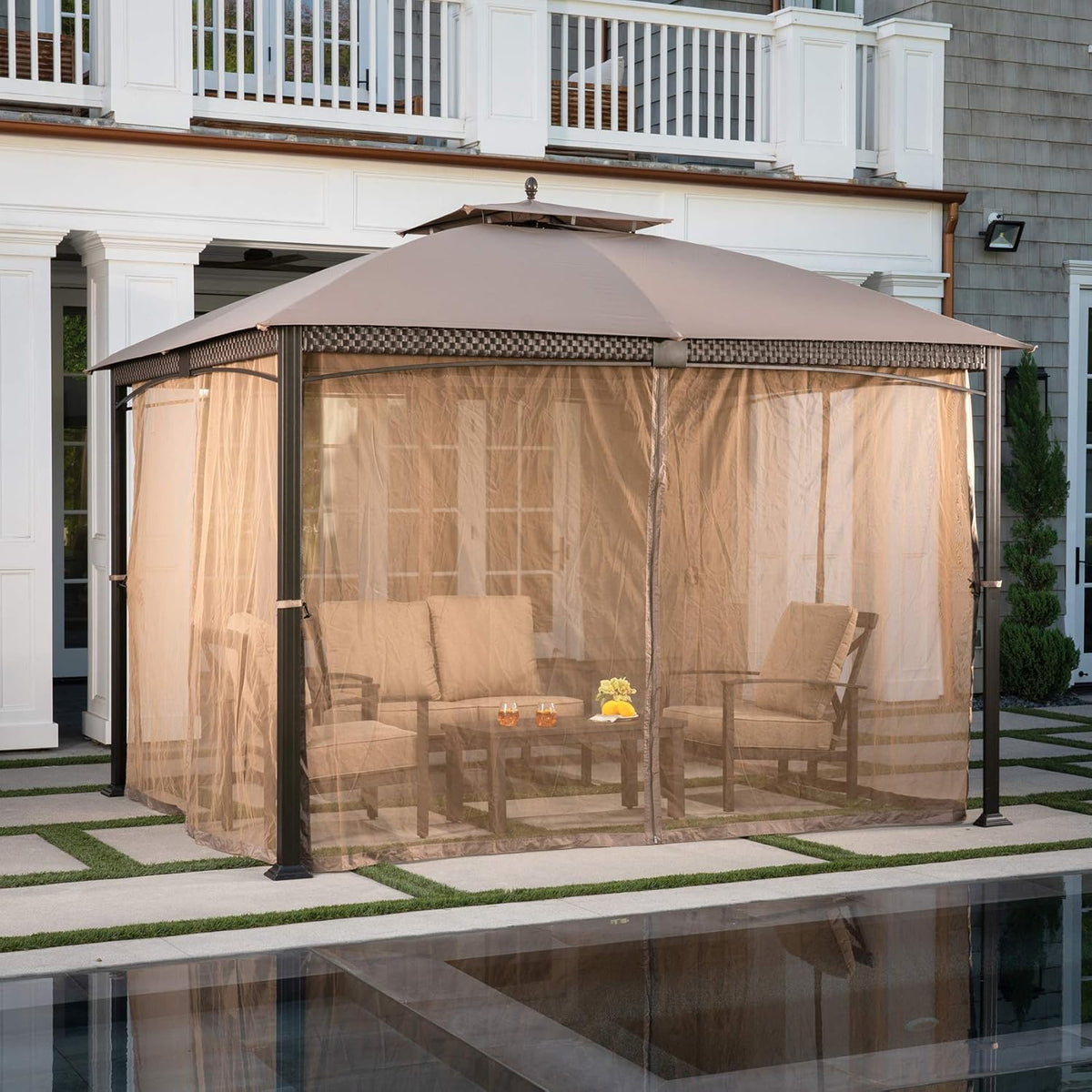 Tan Aluminum and Steel Gazebo with Mosquito Netting Q22118