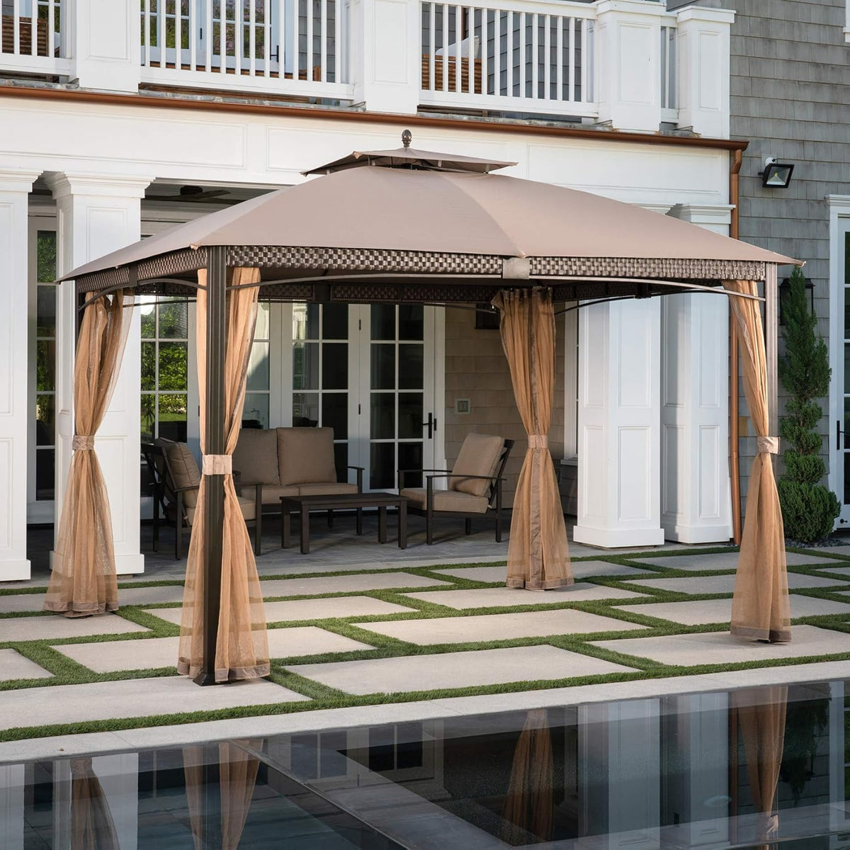 Tan Aluminum and Steel Gazebo with Mosquito Netting Q22118