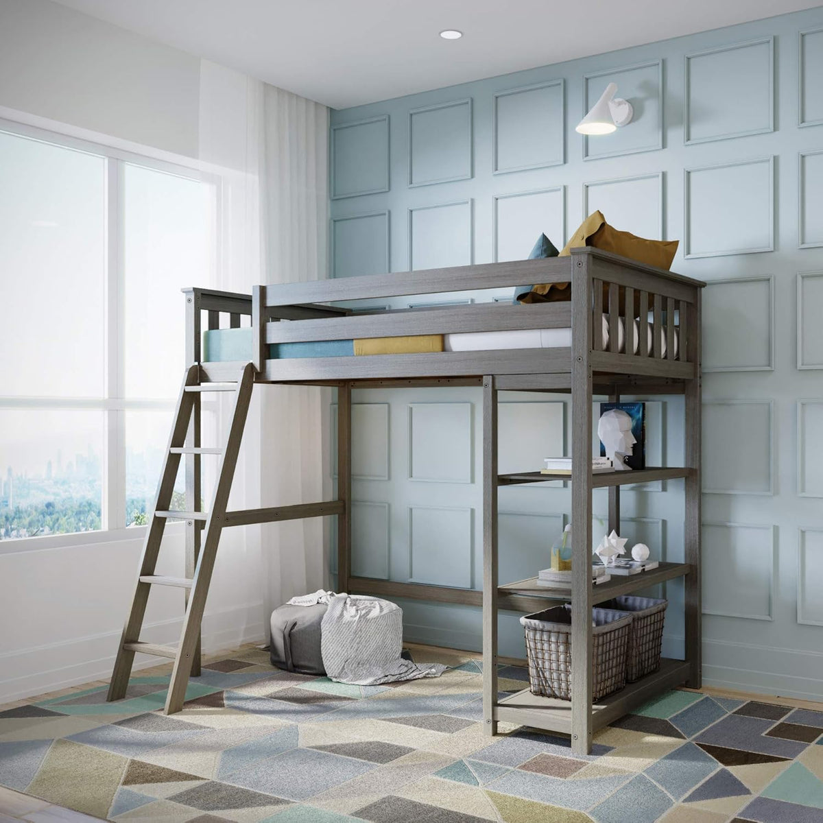 White Twin High Loft Bed with Bookcase I91572