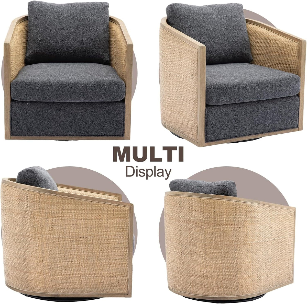Carbon Black Rattan Swivel Barrel Chair with Arms Q6339