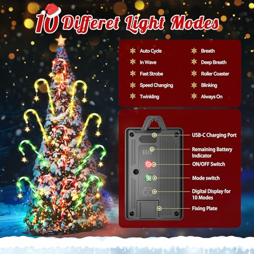 Solar Candy Cane Lights 10 Modes Waterproof 28 FT 72 LEDs C371