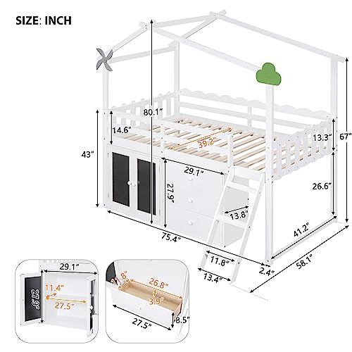 Grey Twin Size Wood Loft Bed with Storage Cabinet and 3 Drawers K170678