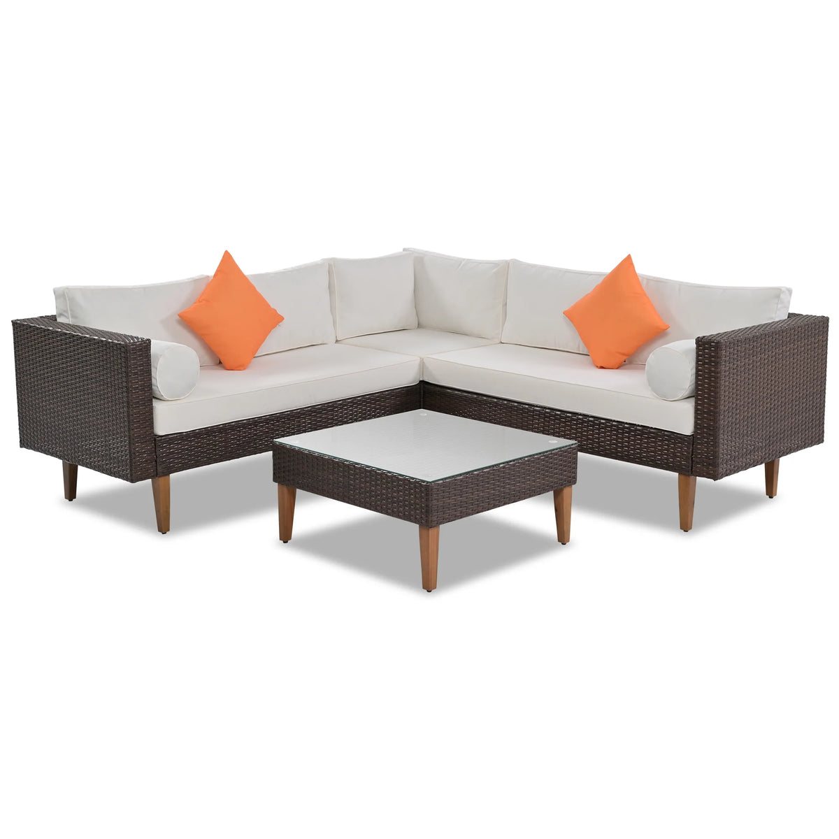 Beige Cushions Brown Rattan L-Shape Outdoor Wicker Sofa Set S68142