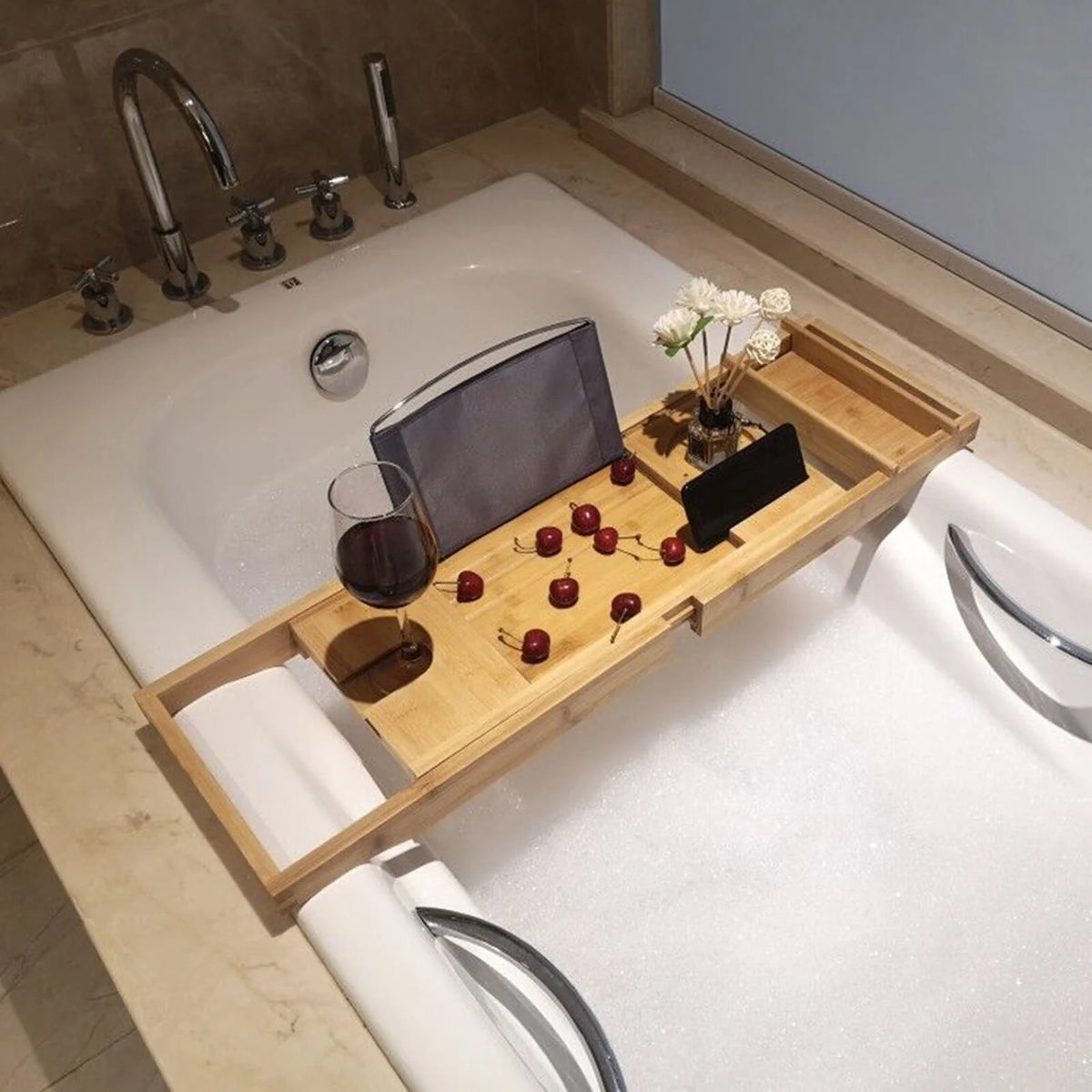 Expandable Bamboo Bathtub Caddy Tray with Wine Glass Holder J283