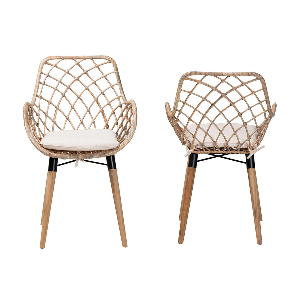 Natural Brown Teak Wood and Greywashed Rattan 2-Piece Dining Chair Set X490