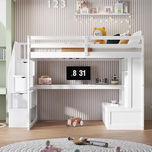 White Full Size Loft Bed with L-Shaped Desk, Wardrobe and Storage Shelves P1178