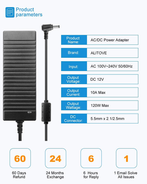 12V 10A 120W AC to DC Power Supply Adapter with 5.5x2.5mm Plug, Pack of 5 N129204