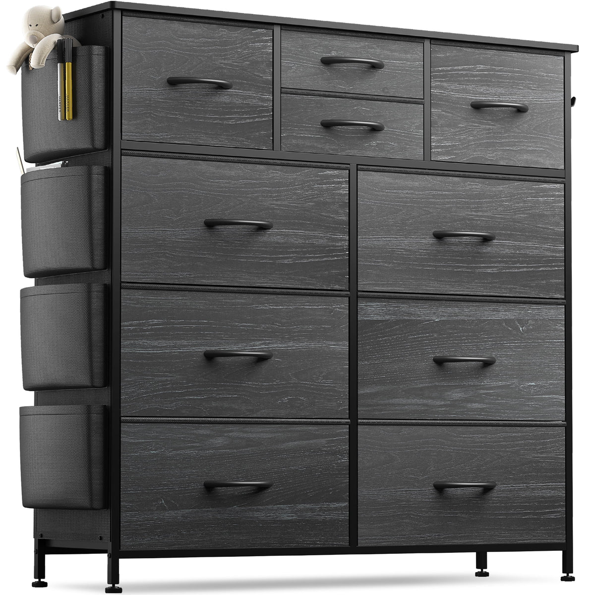 Black 10 Drawer Fabric Dresser with Wood Top B136